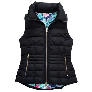Lilly Pulitzer womens black down puffer vest‎ floral lining Small